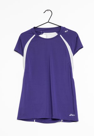 Purple athletic t-shirt with short sleeves, featuring white side panels, curved hem, and brand logo at the lower right. Lightweight fabric.