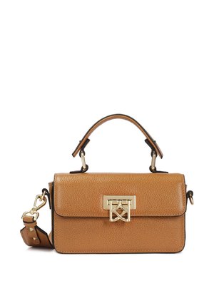 Tan leather handbag featuring a structured shape, gold hardware, a top handle, and an adjustable strap. Textured surface with a flap closure.