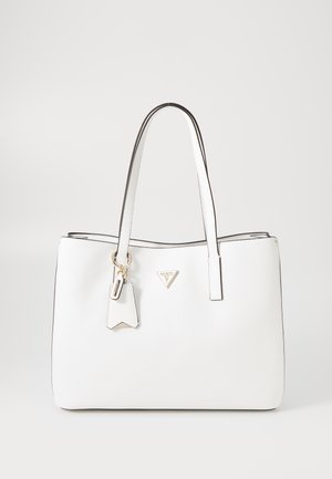 Borsa tote in pelle bianca dalla forma strutturata, con rifiniture nere e doppi manici. Presenta un logo in hardware dorato e un'etichetta rimovibile.