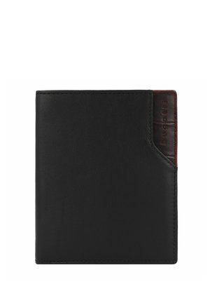 Black leather wallet with a sleek design, featuring a textured dark brown accent and engraved logo on the side. Compact rectangular shape.