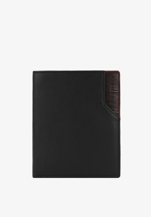Schwarze Lederbörse mit einem schlanken Design, ausgestattet mit einem strukturierten dunkelbraunen Akzent und graviertem Logo an der Seite. Kompakte rechteckige Form.