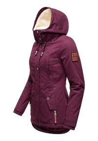 Maroon winter jacket with a hood, plush lining, and zippered side pockets. Features an embroidered logo and adjustable drawstrings.
