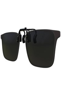 Black square-frame sunglasses with dark lenses, light green accents, and a clip-on design. Features thick arms and a smooth finish.