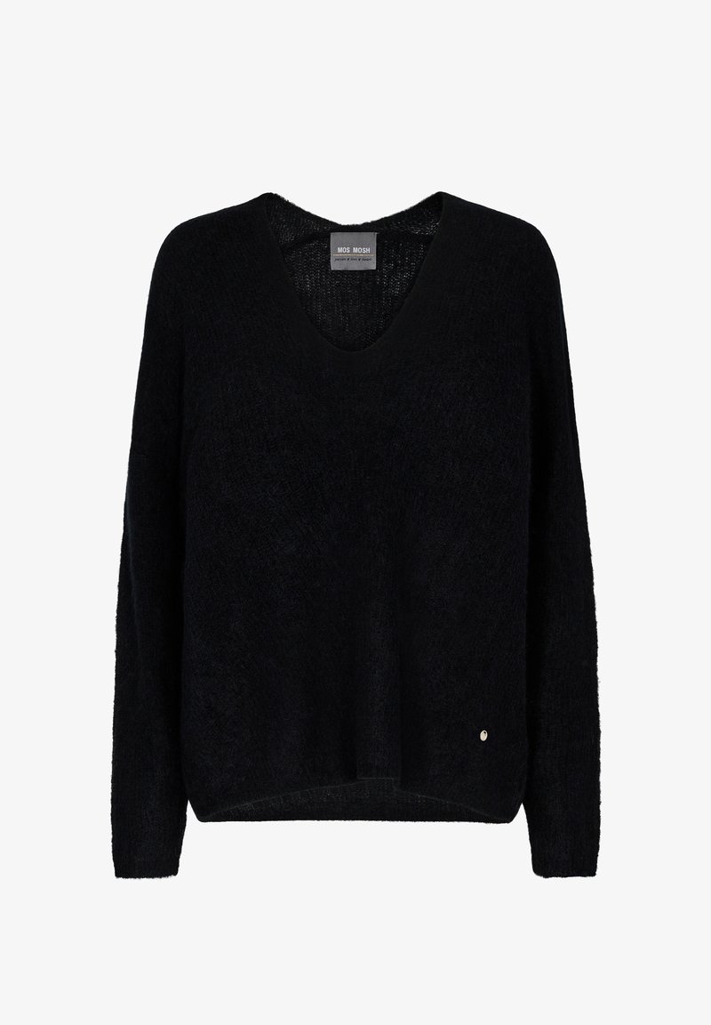 Pull noir à manches longues col V avec une texture douce et duveteuse et un petit logo métallique rond près de l'ourlet inférieur.