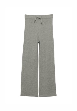 Pantalon ample gris à taille avec cordon de serrage, en tissu texturé doux pour un port décontracté.