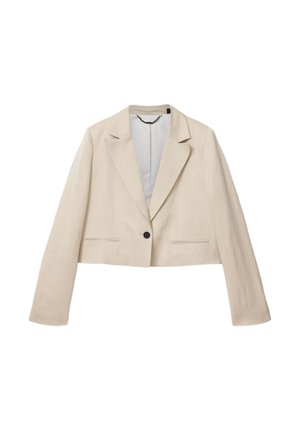 Beige cropped blazer med enkelt sort knap, notch revers, lange ærmer og to frontlommer med slidser, vist på hvid baggrund.