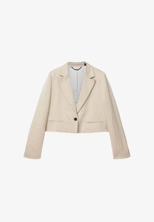 Beige cropped blazer med enkelt sort knap, notch revers, lange ærmer og to frontlommer med slidser, vist på hvid baggrund.