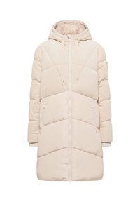 Lyse beige pufferjakke med hætte. Har quiltet design, frontlynlås og sidelommer. Blød, tekstureret overdel med glat undersektion.