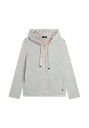 Haut à capuche zippé gris clair avec un cordon de serrage, présentant une doublure en imprimé léopard beige et une petite étiquette logo à l'ourlet. Texture de tissu douce.