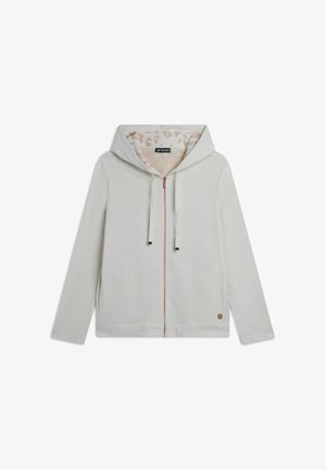 Felpa zip grigia chiara con cappuccio regolabile, con un rivestimento in stampa leopardata beige e un piccolo logo etichetta all'orlo. Tessuto morbido.