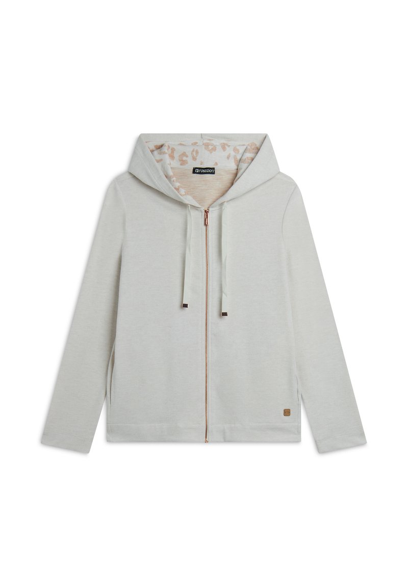 Felpa zip grigia chiara con cappuccio regolabile, con un rivestimento in stampa leopardata beige e un piccolo logo etichetta all'orlo. Tessuto morbido.