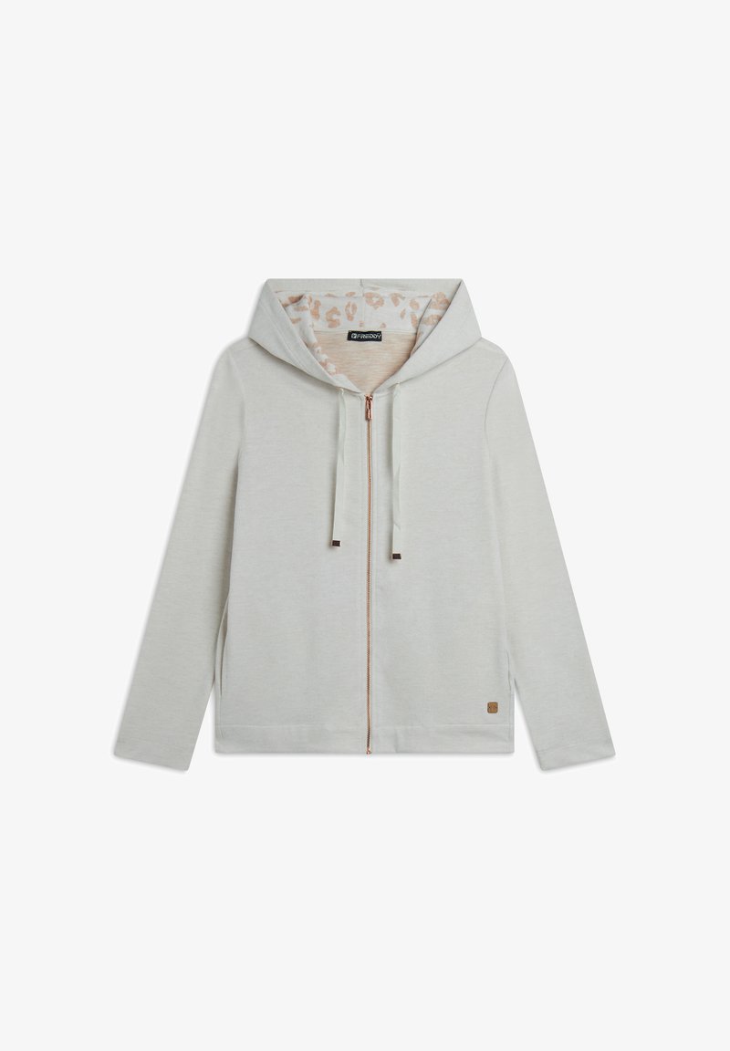 Felpa zip grigia chiara con cappuccio regolabile, con un rivestimento in stampa leopardata beige e un piccolo logo etichetta all'orlo. Tessuto morbido.