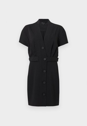 Black dress with short sleeves, vertical pinstripes, a deep V-neck, waist belt, and five large buttons down the front. Smooth texture.