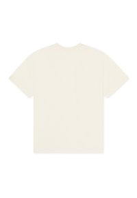 Απλό κρεμ κοντομάνικο μπλουζάκι με στρογγυλή λαιμόκοψη, απλωμένο επίπεδα με την πίσω πλευρά προς τα πάνω, χωρίς ορατά λογότυπα ή σχέδια.