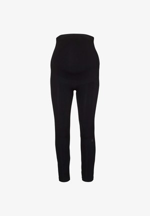 Black high-waist maternity leggings with a stretchy, fitted design and full-length legs against a white background.