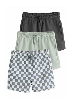Drei kurze Hosen mit elastischem Bund und Kordelzug, in Schwarz, Hellgrün und blau-weiß kariertem Muster.