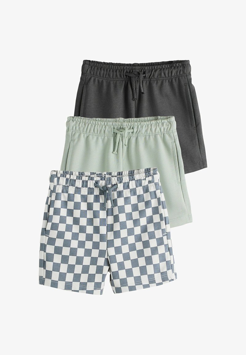 Tres pares de pantalones cortos con cintura elástica y cordones, en negro, verde claro y con un estampado de cuadros en azul y blanco.
