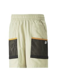Pantaloni corti beige chiaro con vita elasticizzata, dotati di due tasche in rete nere bordate di arancione, realizzati in tessuto testurizzato.
