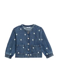 Giacca di jeans con scollo rotondo, chiusura con bottoni e due tasche. Decorata con ricami a forma di fiori bianchi. Tessuto morbido, colore blu, polsini elastici.