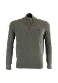 Pullover grigio realizzato in tessuto lavorato a maglia, con colletto alto e chiusura a mezza zip. Presenta un piccolo logo sul lato sinistro del petto.