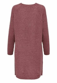 Stickad klänning i mauve med ribbad textur, rund halsringning och sidoflikar. Långa raglanärmar som ökar komforten.