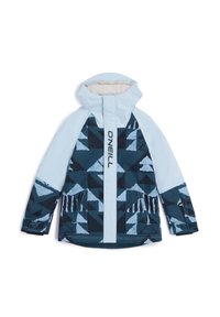 Veste à motifs bleus et navy avec un col montant, une fermeture éclair sur toute la longueur à l'avant et deux poches latérales ; présente des formes géométriques et des textures de tissu contrastées.