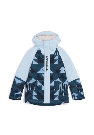 Veste à motifs bleus et navy avec un col montant, une fermeture éclair sur toute la longueur à l'avant et deux poches latérales ; présente des formes géométriques et des textures de tissu contrastées.