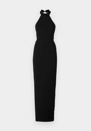 Juodas halter kaklo suknelė, pagaminta iš lygaus audinio, su prigludusia viršutine dalimi ir grindis siekiančia sijonu, kuris turi elegantišką siluetą.