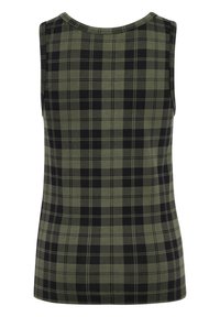 Mouwloze groene geruite tanktop van een katoenmix, met een ronde halslijn en een zwart-groen ruitpatroon over de hele top.