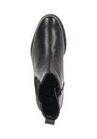 Zwarte leren enkelboot met een ronde neus, elastische zijpanelen en een ritssluiting. Beschikt over een gestructureerde bruine zool voor extra grip.