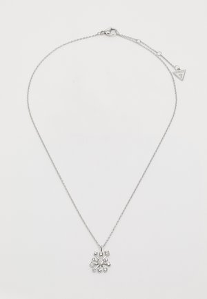 Silver-tone chain necklace featuring a snowflake-shaped pendant adorned with round and square clear crystals, secured with a lobster clasp.