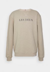 Sudadera de cuello redondo beige con mangas largas y "LES DEUX" impreso en letras mayúsculas en el pecho.