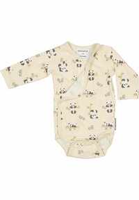 Kermakollane beebivooder pikkade varrukatega, nööbid sulgemiseks ja panda karu prindiga, mis hoiab bambuseoksi.