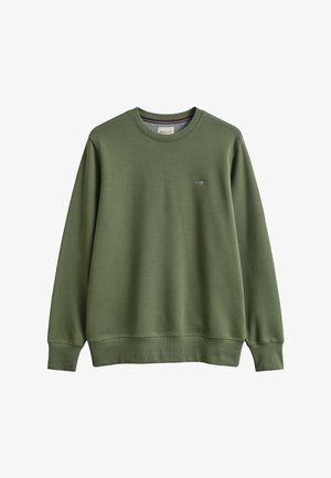 Felpa girocollo verde oliva con maniche lunghe e piccolo logo ricamato sul petto a sinistra, polsini e orlo a costine.
