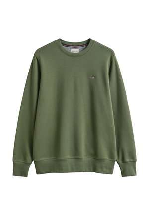 Felpa girocollo verde oliva con maniche lunghe e piccolo logo ricamato sul petto a sinistra, polsini e orlo a costine.