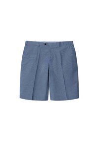 Shorts blu a scacchi realizzati in tessuto leggero; caratterizzati da un singolo bottone frontale, due tasche laterali e una vestibilità comoda.