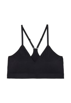 Black wireless bralette with thin adjustable straps and a V-neckline, shown flat on a white background.