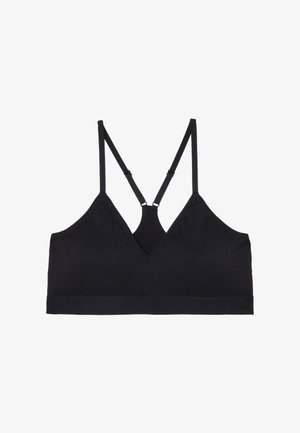 Black wireless bralette with thin adjustable straps and a V-neckline, shown flat on a white background.