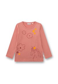 Langärmliges, pinkes Baumwollhemd mit bestickten Pferde- und Blumendesigns in Gelb und Braun, rundem Ausschnitt und weicher Textur.