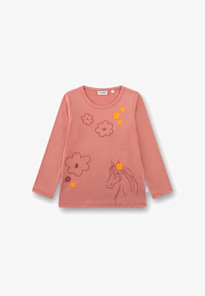Langärmliges, pinkes Baumwollhemd mit bestickten Pferde- und Blumendesigns in Gelb und Braun, rundem Ausschnitt und weicher Textur.