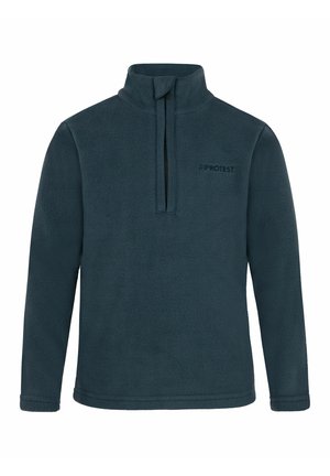 Pullover in pile di colore blu scuro, presenta un colletto con zip a metà e maniche lunghe, con una superficie testurizzata e dettagli del logo sottili sul petto.