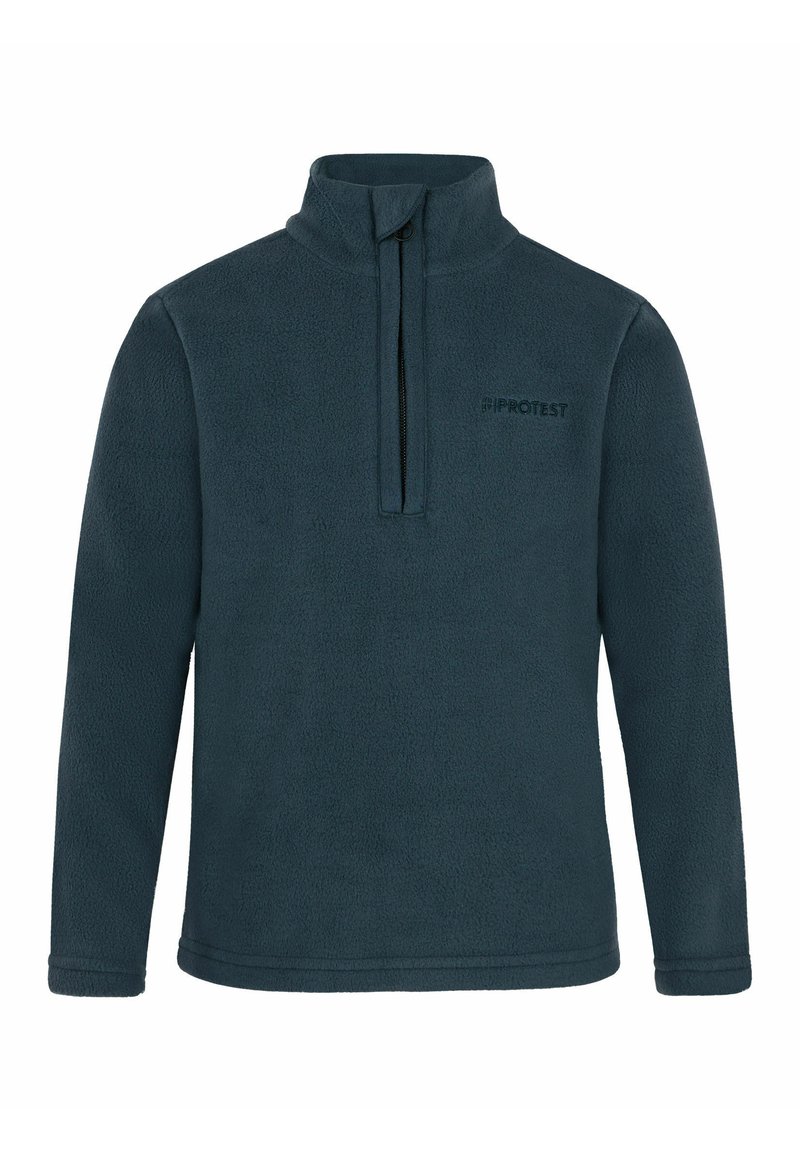 Pullover in pile di colore blu scuro, presenta un colletto con zip a metà e maniche lunghe, con una superficie testurizzata e dettagli del logo sottili sul petto.