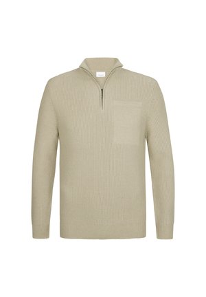 Maglione a maglia in beige chiaro, con collo a mezza zip, texture a coste, maniche lunghe e tasca sul petto con bordo piatto.