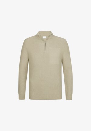 Sweter w kolorze jasnego beżu, z kołnierzem na pół-zamek, o prążkowanej fakturze, z długimi rękawami i kieszenią na piersi z płaską krawędzią.