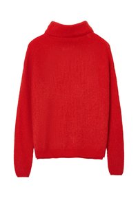 Roter Strickrollkragenpullover mit langen Ärmeln sowie gerippten Bündchen, Saum und Halsausschnitt, flach auf einem weißen Hintergrund präsentiert.