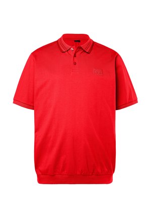 Rotes Polohemd mit kurzen Ärmeln, Kragen, zweiknöpfigem Verschluss, geriffeltem Saum und dezentem Logo auf der linken Brust.