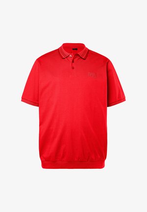 Rotes Polohemd mit kurzen Ärmeln, Kragen, zweiknöpfigem Verschluss, geriffeltem Saum und dezentem Logo auf der linken Brust.