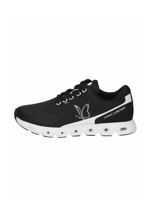 Black athletic shoes with a textured fabric upper, white sole featuring hexagonal cutouts, and a butterfly logo on the side.