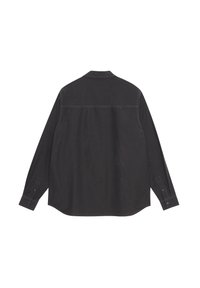 Long-sleeve, dark gray shirt made of cotton blend, featuring a collar, buttoned cuffs, back yoke, and contrasting stitching details.