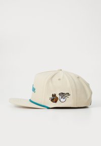 Beige caps med flat visir, turkise aksentbånd, med broderte tegneserie-design av en hund og en sau på frontvenstre.